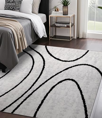 YIHOUSE Modern Area Rugs for Bedroom,5x7 Washable Black and White Rug, Thin A...