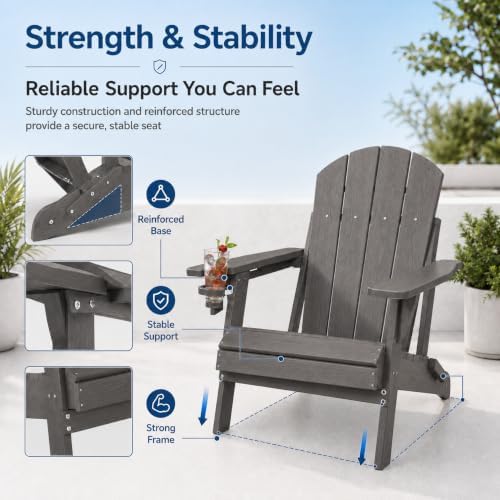 Folding Adirondack Chair with Cup Holder and Phone Holder, Heavy Duty HDPE Pl...