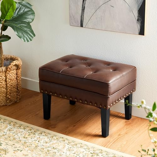 Glitzhome Mid-Century Faux Leather Ottoman, Modern Accent Stool PU Leather Fo...