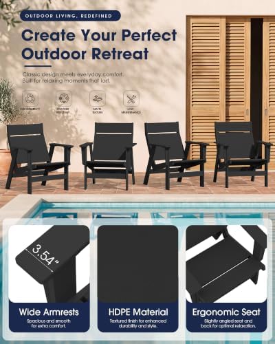 KINGYES Modern Adirondack Chair Set of 2, Slateless Design, Black