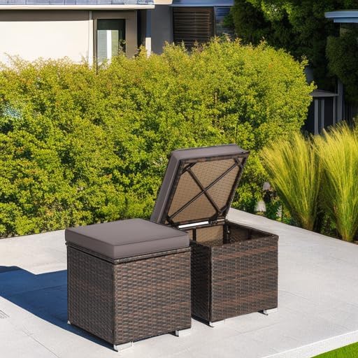 RELAX4LIFE Wicker Outdoor Storage Ottoman, 2-Piece Rattan Footstool w/Removab...