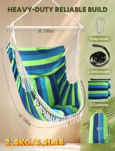 Chihee Hammock Chair Max 500 Lbs 2 Cushions Spreader Bar Strap Carabiner