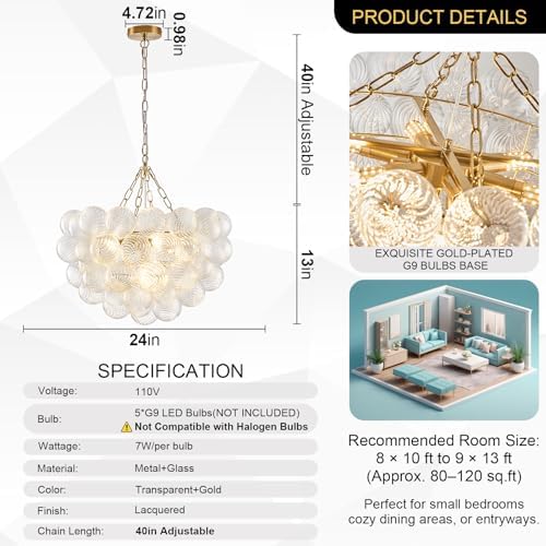 Dia 24" Bubble Chandelier, 5-Light Clear Hand Blown Glass Chandelier Gol...