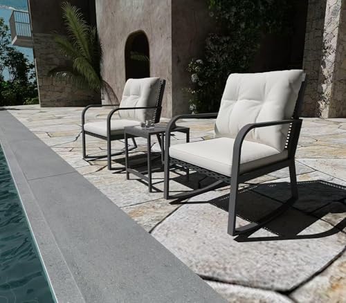 Bistro 3 Piece Patio Furniture Set, Patio Table and Rattan Outdoor Rocking Ch...