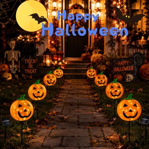 4Pack Solar Halloween Pumpkin Stake Light with 8 Lighting Modes, Fabric Lante...