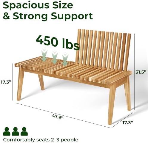 Melino Wooden Bench Outdoor 47" Convertible Acacia Wood Bench, Solid Woo...