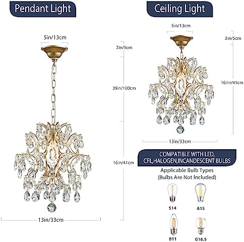 Bestier Gold Modern Pendant Chandelier Crystal Raindrop Lighting Ceiling Ligh...