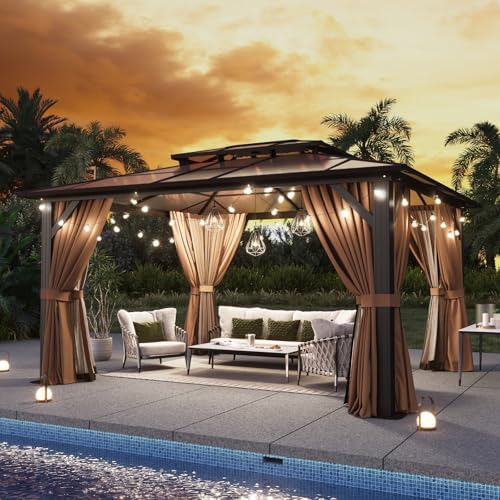 Aoxun 12'x10' Hardtop Gazebo with Polycarbonate Double Roof, Brown
