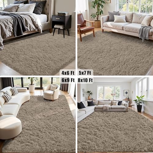8x10 Area Rug for Living Room,Grey Camel Fluffy Shag Non-Slip Bedroom Rugs