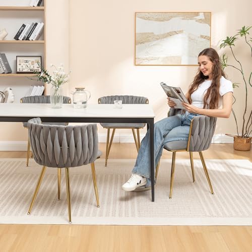 Grey Velvet Dining Chairs Set of 4, Modern Upholstered Dining Room Chairs wit...