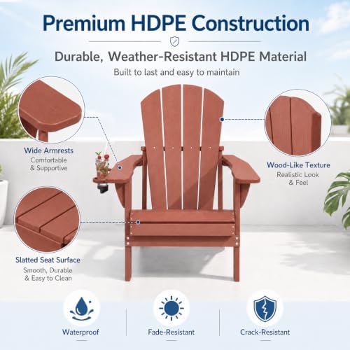 Folding Adirondack Chairs Set of 2 with Cup Holder, Heavy Duty HDPE Plastic O...