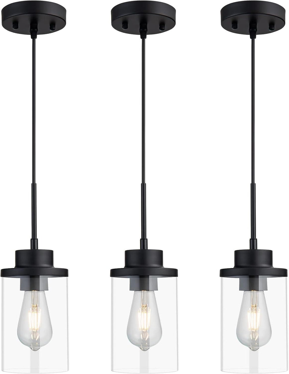 Black Farmhouse Clear Glass Cylinder Pendant Light, Modern Hanging Fixture (3...