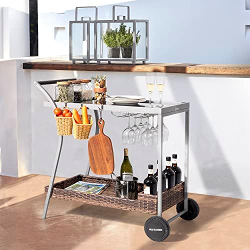 NUU GARDEN Outdoor Bar Table with Rolling Wheels, Outdoor Bar Cart Patio Wick...