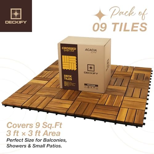 9-Piece Acacia Wood Interlocking Deck Tiles, Golden Teak Crossed