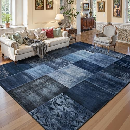 DweIke Washable Area Rugs 4x6 for Living Room, Modern Geometric Navy Blue Sof...