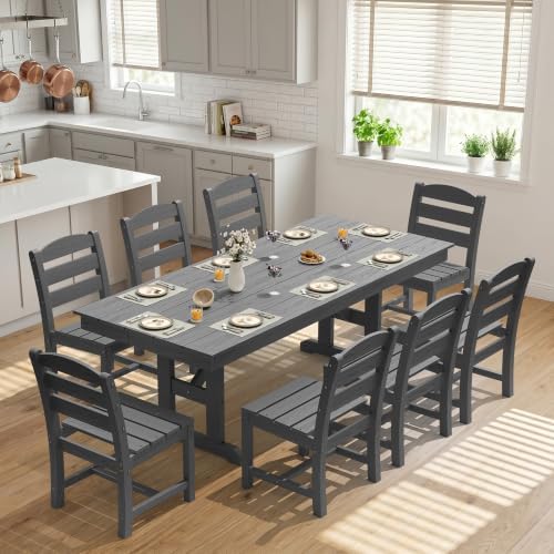 KINGYES Outdoor Dining Set,84'' Table w/Umbrella Hole & Armless C...