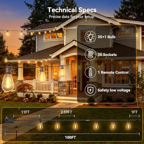200FT Outdoor String Lights with Remote, Waterproof Patio Lights with 72+2 Sh...