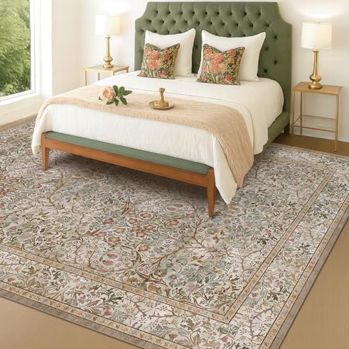 Washable 9x12 Living Room Rug - Moss Brown Floral Area Rug for Dining Room Un...