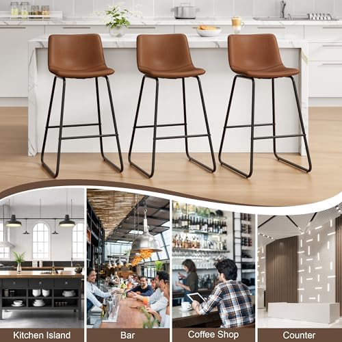 REONEY Bar Stool Set of 3, 26" Urban Faux Leather Counter Stool, Dark Brown