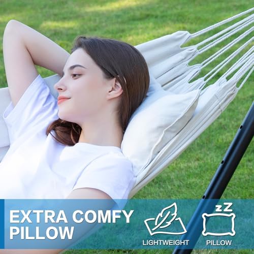 PNAEUT Double Hammock with Stand for Outside, Heavy-Duty, Portable (Beige)