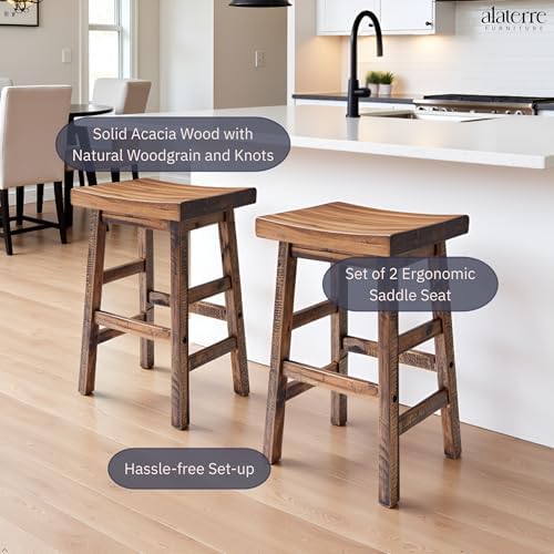Alaterre Durango Solid Wood Rustic Bar Stool Set of 2, Natural, 26-Inch