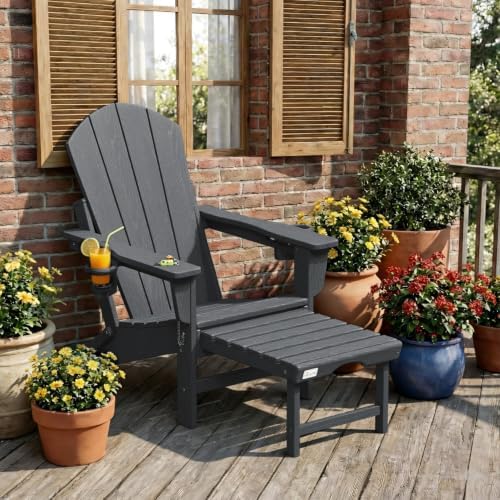 Mdeam HDPE Folding Adirondack Chairs Set of 2, 400 lbs 2 Cup Holders, Grey