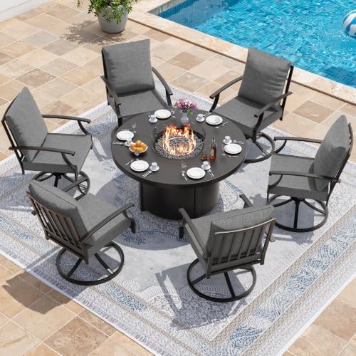 Kurapika 7 Piece Metal Moden Outdoor Patio Furniture Set with Round Fire Pit ...
