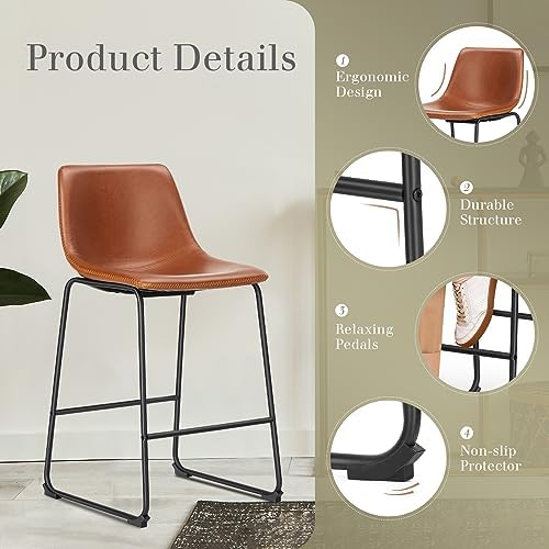 DUMOS Counter Height Bar Stools Set of 2, Faux Leather Metal Bar Chairs