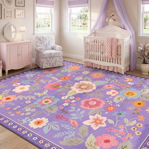 RELEANY Floral Washable 8x10 Area Rugs Purple/Pink