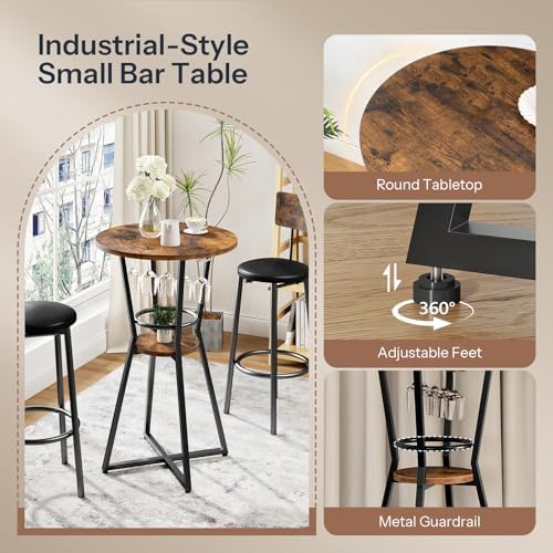 HOOBRO Round Bar Table, 2-Tier Counter Height Pub Table with Wine Glass Holde...