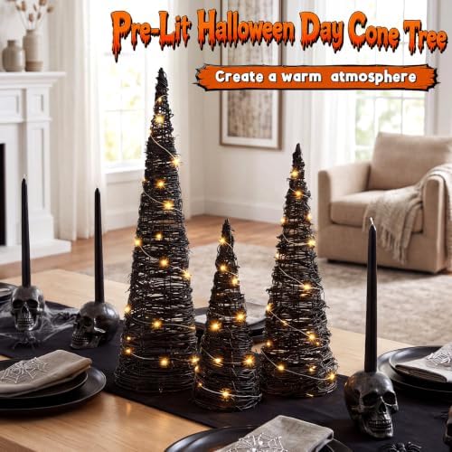 Jenaai 3 Lighted Halloween Rattan Trees 24" 16" 12", Cone Tree...