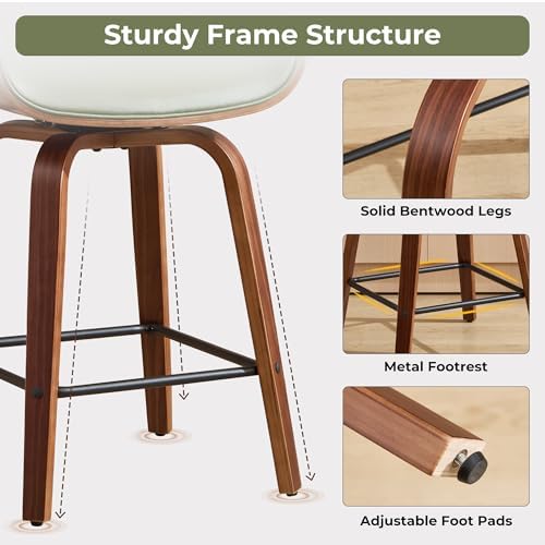 Swivel Bar Stools Set of 2,24" Upholstered Faux Leather Barstools,Mid Ce...