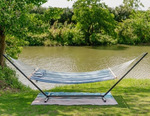 Lazy Daze Double Quilted Hammock with Pillow and Carabiners, Blue White