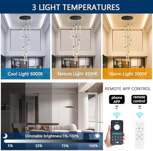 12-Lights Modern Chandeliers for Entryway High Ceiling Chandelier LED Dimmabl...