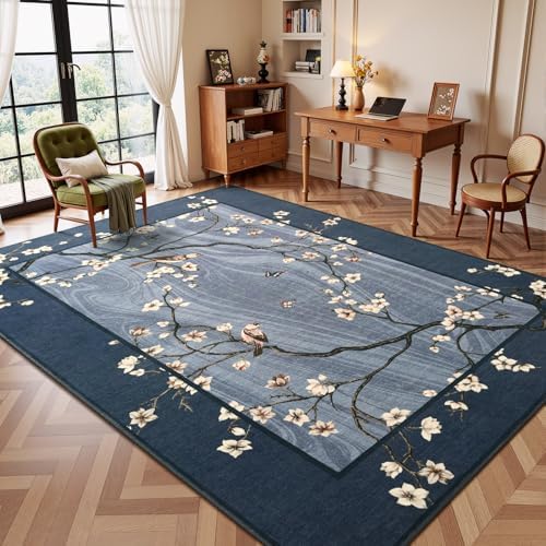 6x9 Navy Blue Oriental Floral Bird Butterfly Print Area Rug