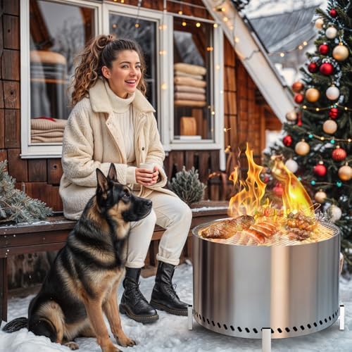 HGD 28" Smokeless Fire Pit with Stand & Grill Rack, Large Stainless ...