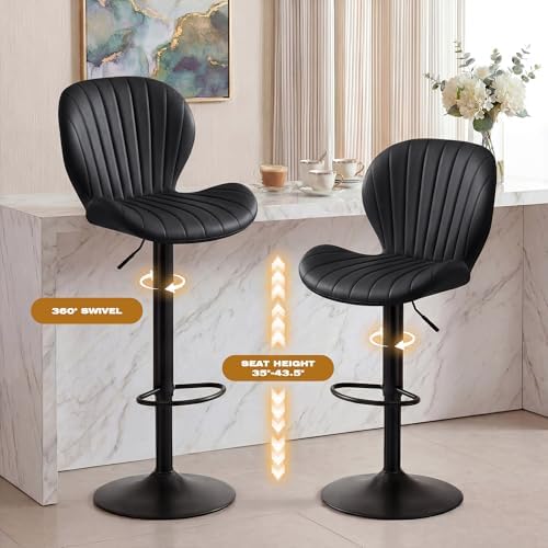 GRUSIGN Bar Stools Set of 2, Modern Swivel Adjustable Bar Chairs, Faux Leathe...