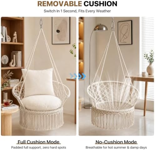 Athena Collection Macrame Hammock Chair with Mounting Hardware Kit, Beige