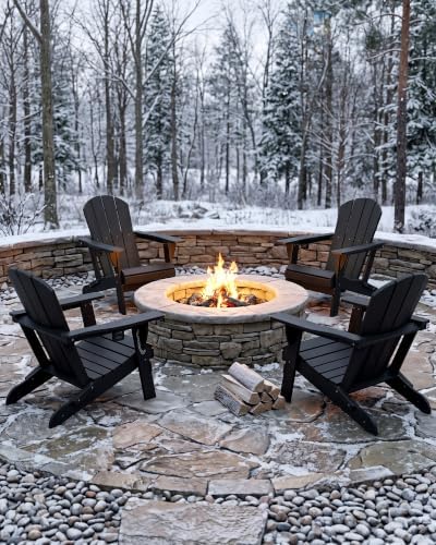 PLUUV Adirondack Chair Set of 2, Fire Pit Chairs with Cup Holder, Black