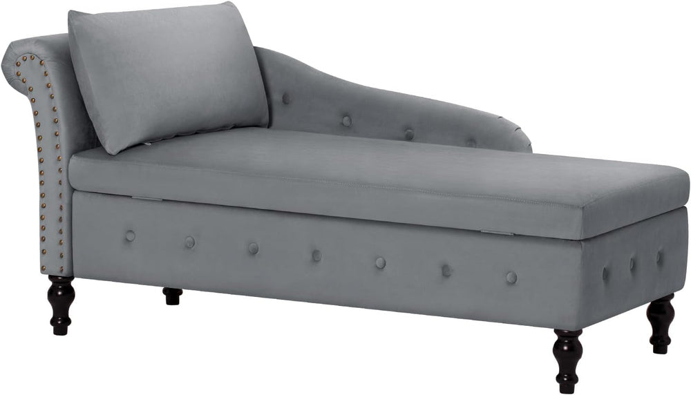 Velvet Chaise Lounge w/Left Armrest & Storage Space, Grey