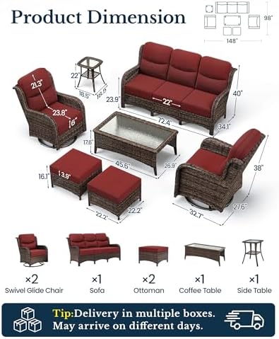 HILLGA 7-Piece Luxury Patio Furniture Set with 6" Thick Cushions, Weathe...