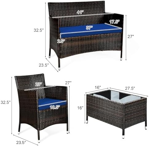 Tangkula 4-Piece Modern Patio Rattan Conversation Set, Outdoor Wicker Furnitu...