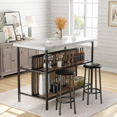 Kitchen Island with Seating & Storage, Bar Table and Chair Set, White