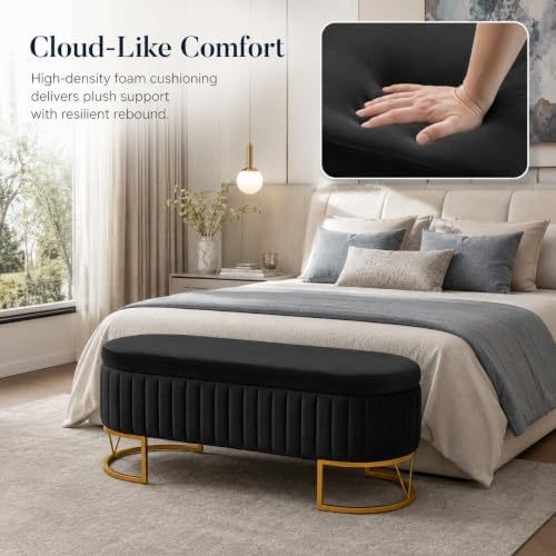 Velvet Storage Bench for Queen Size Bed, 46'' Black Oval Ottoman, Gol...