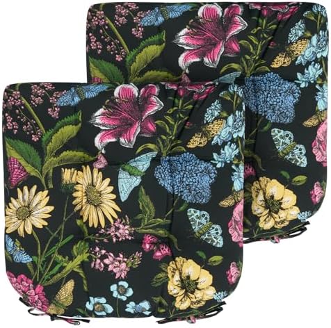 Indoor/Outdoor Tufted Seat Cushions, 19x19x5 Inch-Black Flower Butterfly