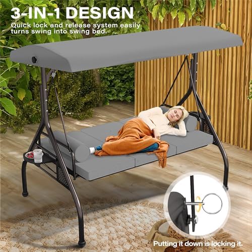 SUNCROWN Outdoor 3 in 1 Porch Swing Chair, 3 Seat Patio Swing Glider with Adj...