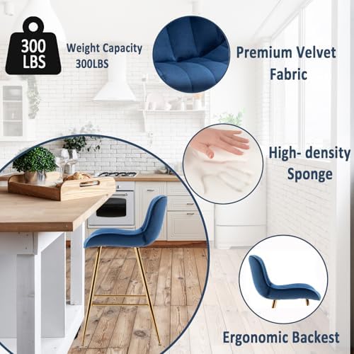 Sidanli Blue Bar Stools Set of 2, 24 Inch Velvet Counter Height Bar Stools wi...
