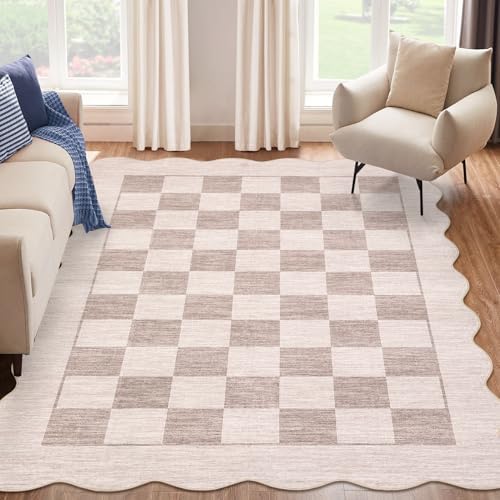 Garvee 8x10 Rugs for Living Room Scalloped Border Rug, Beige/Brown