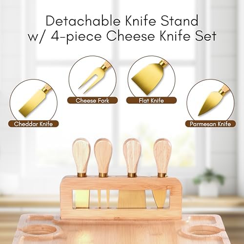 Charcuterie Picnic Table with Wine Glass Holder, Portable Wine & Cheese B...