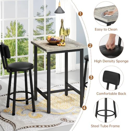 3 Piece Bar Table and Chairs Set for 2, Counter Height Square Pub Dining Set,...